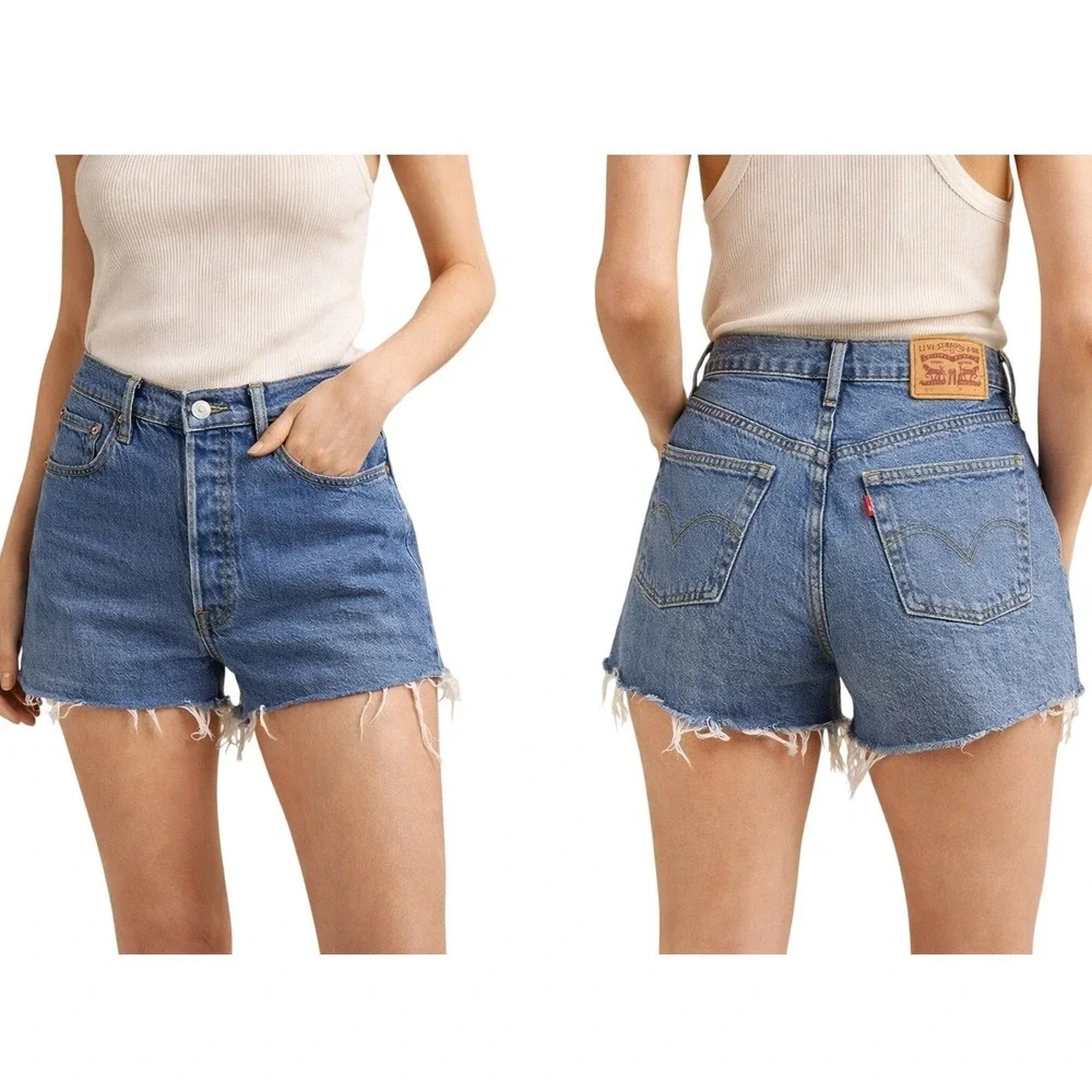 Levi's 501 Cutoff Denim Shorts W31 Blue Distressed Raw Hem - Picture 1 of 10